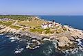 Aerial view of Beavertail Lighthouse in Beavertail State Park, Jamestown, Rhode Island.