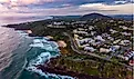 Aerial, drone view of the spectacular Coolum Beach and Sunshine Coast city.