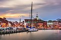 Annapolis, Maryland, USA from Annapolis Harbor at dusk.