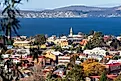 A view across the beautiful colourful buildings of Hobart's Battery Point to the Derwent River in Hobart, Tasmania