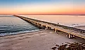 Aerial panorama of Chesapeake Bay Bridge Tunnel at sunset. 