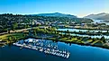 Aerial view of the Hood River Marina at sunrise.