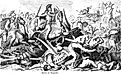 The decisive confrontation between Alexander the Great's forces and Darius III's Persian army at Gaugamela in 331 BCE. Old vintage illustration, 1880.