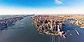Aerial view of Lower Manhattan , New York City and the Hudson River.