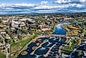 An aerial view of the river and city in Bend, Oregon.