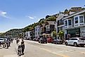 Sausalito, USA - July 15, 2017 - View of the stores along the Bridgeway street in the city of Sausalito, USA