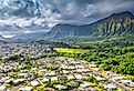 Aerial view by drone of Iailua town, Oahu island, Hawaii.