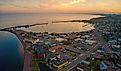 Aerial View of Grand Marais, Minnesota, at sunset.