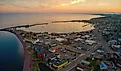 Aerial View of Grand Marais, Minnesota, at sunset.