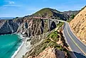 Beautiful scenery of Pacific Ocean coast along Highway 1 and Big Sur, wonderful aerial view of Bixby Bridge.