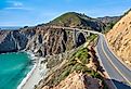 Beautiful scenery of Pacific Ocean coast along Highway 1 and Big Sur, wonderful aerial view of Bixby Bridge.