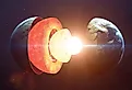 A cutaway of Earth's interior, with the solid inner core nested inside the liquid outer core.