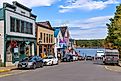 Bar Harbor, Maine, USA - October 2, 2021: A sunny Autumn morning view of the historic Main street of the resort town on Mount Desert Island at shore of Frenchman Bay.