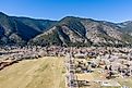 Aerial view of the Genoa, Nevada, area in Carson Valley with barren trees, farmland and ranches.