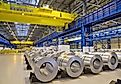 Packed rolls of galvanized steel in stock waiting for shipment. 