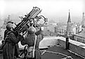 Soviet anti-aircraft gunners on the roof of the Hotel Moskva.