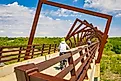 Panoramic view of High Trestle Trail Bridge in Madrid Iowa during summer recreation season.
