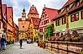Beautiful streets in Rothenburg ob der Tauber with traditional German houses, Bavaria, Germany. 