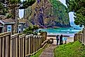 The beach and Haystack Rock at Cannon Beach, Oregon.