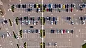 An aerial view of a large parking lot. 