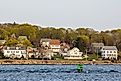 The view of Sakonnet River and a small residential neighborhood in Tiverton, Rhode Island.