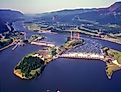 Aerial photo of Bonneville dam and the Columbia River near Cascade Locks, Oregon