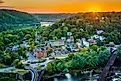Aerial view of Harpers Ferry, West Virginia, at the confluence of the Potomac and Shenandoah rivers, where Jefferson County meets counties in Maryland and Virginia.