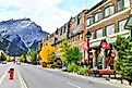 Street view of famous Banff Avenue in Banff National Park. Banff is a resort town and central shopping district of Alberta's most popular tourist destinations.