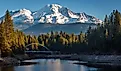 Mount Shasta and suspension bridge over Lake Siskiyou.