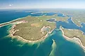 Air photo of the Les Cheneaux Island chain located in Lake Huron, Michigan.