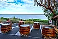 Individual barrel spas at Metung Hot Springs, a natural spa resort in the Gippsland Lakes of Metung, Victoria. Image credit: Paul Harding 00 / Shutterstock.com.