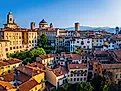 Aerial cityscape of Bergamo’s old town, Italy. 