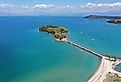 Aerial drone photo of small islet of Koukoumitsa overlooking the Amvrakikos Gulf in Western Greece.