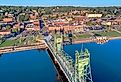 Aerial view of Historic Lift Bridge in downtown Stillwater, Minnesota, and the St Croix River.