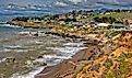 Overlooking Abalone Cove, Cambria, California with dark storm clouds.