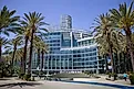 A view of the flowing architecture and front face of the Anaheim Convention Center. 