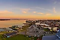 Aerial view of Havre de Grace, Maryland at sunset. 