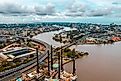 An aerial view of Lagos city waterside roads and buildings.