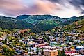 Aerial view of Park City, Utah, USA, downtown in autumn at dusk.