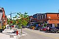 Historic commercial buildings on Rue Principale O Street in downtown Magog, Quebec