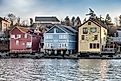 Three old buildings anchor the waterfront strip of downtown Coupeville on Whidbey Island in Washington State.