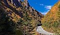 A highway winds through the Dixville Notch mountain pass in New Hampshire.