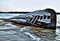 Beached shipwreck on Lake Superior coast. 