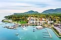 Aerial view of Bar Harbor, Maine, a popular tourist destination located on Mount Desert Island in Hancock County, Maine.