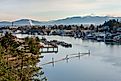 Wooden pier in CoupThe scenic town of La Conner, Washington.eville, Washington.
