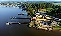 The aerial view of the waterfront homes with a private dock near Millsboro, Delaware.