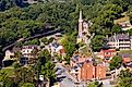 Aerial view over the National Park town of Harpers Ferry in West Virginia with the church and old buildings in the city