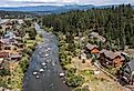 Afternoon neighborhood view of historic homes in Truckee, California.