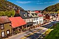 View of historic buildings and shops on High Street in Harper's Ferry, West Virginia.