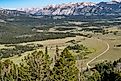 Beautiful valley mountain view with a winding dirt road in the Frank Church Wilderness of Idaho